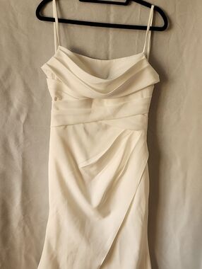 Elegant Cream Spaghetti-Strap Draped Dress With Train. Hebios NWT